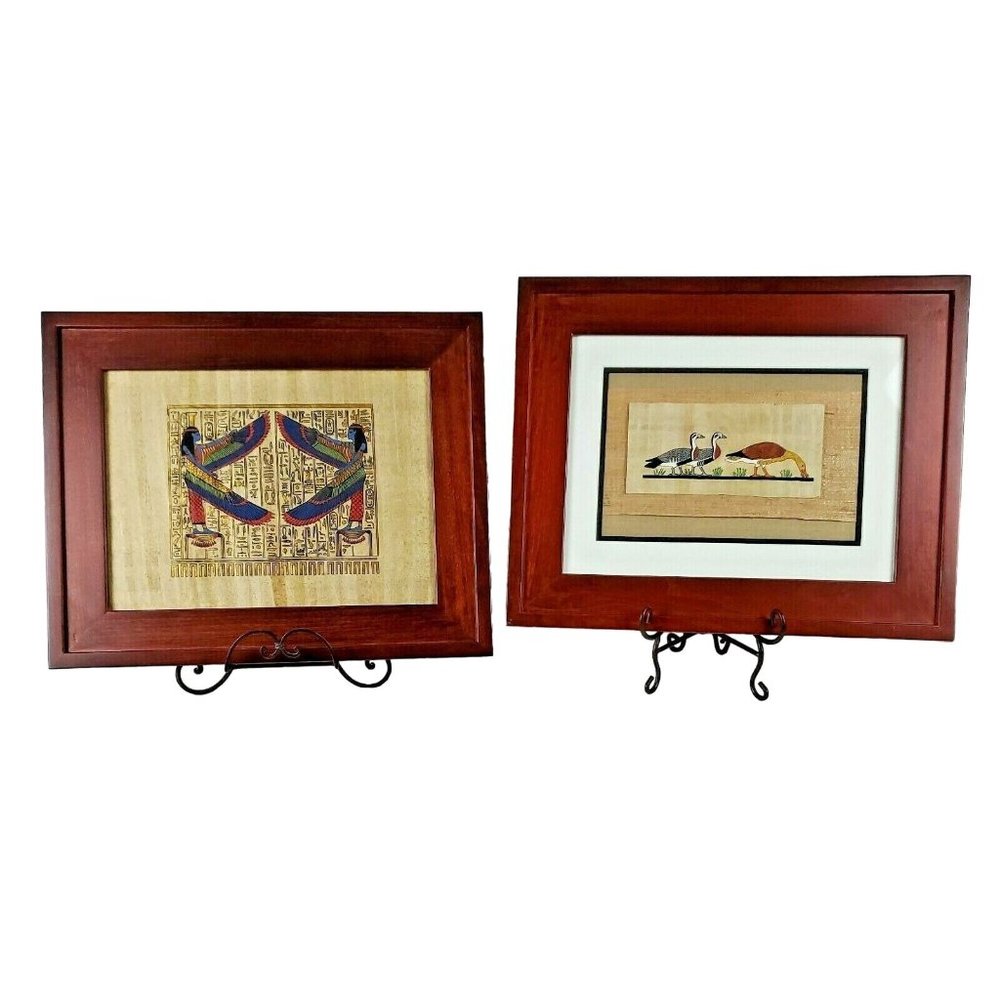 2 Egyptian Papyrus Prints Goddess Sisters Nephthys & Isis, Medium Geese Framed